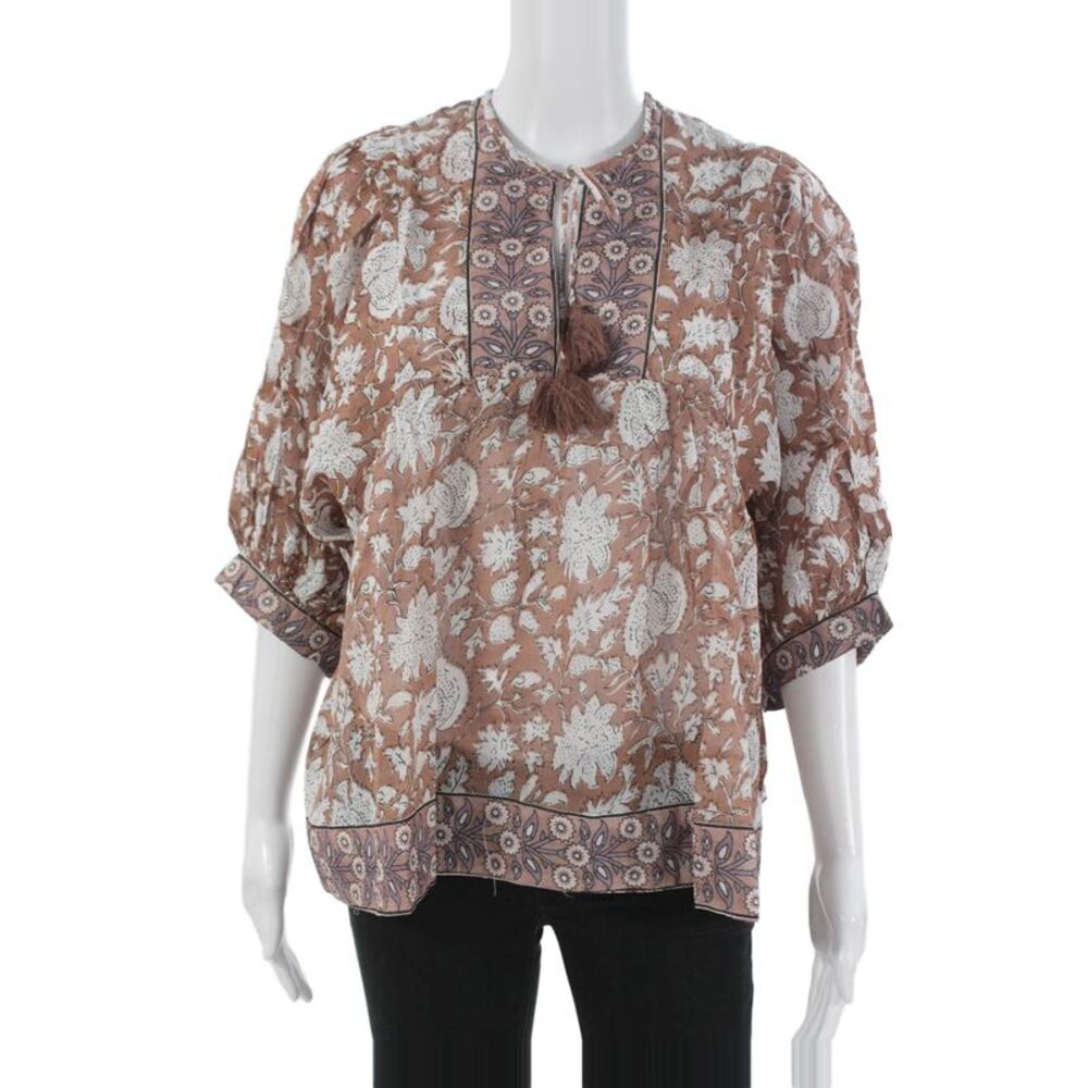 Marea Women Tunic Brown Floral Cotton 3/4 Sleeve Round Neck Tie Size S